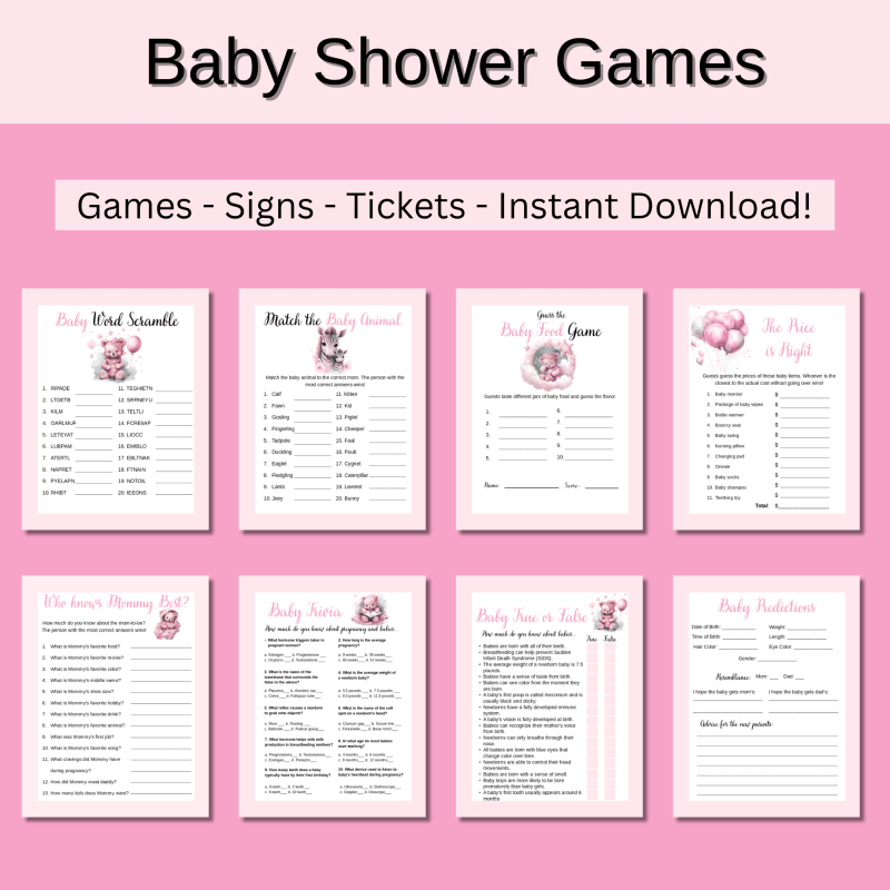 SG - Baby Shower Games Bundle - Pink Bears